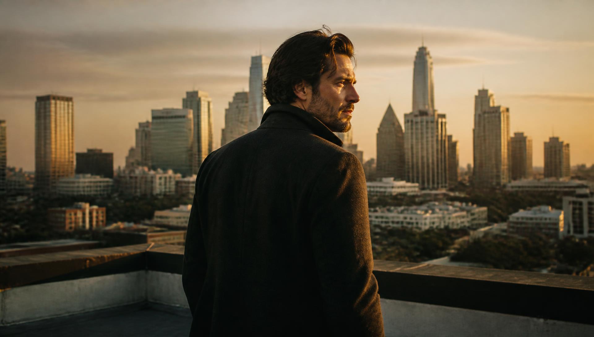 Jordan Miller on a rooftop at golden hour, Austin skyline behind him